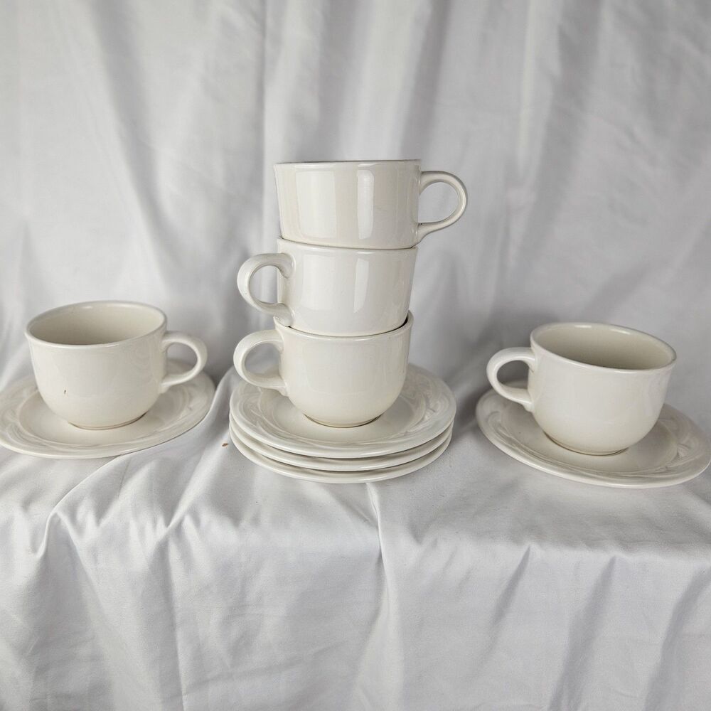 Vintage Pfaltzgraff ACADIA WHITE 4 Tea Coffee Cup & Saucer Sets USA ec 1